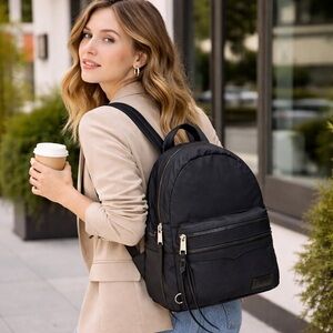 Rebecca Minkoff Julian Backpack Black Nylon Leather Trim Medium Minimalist Chic